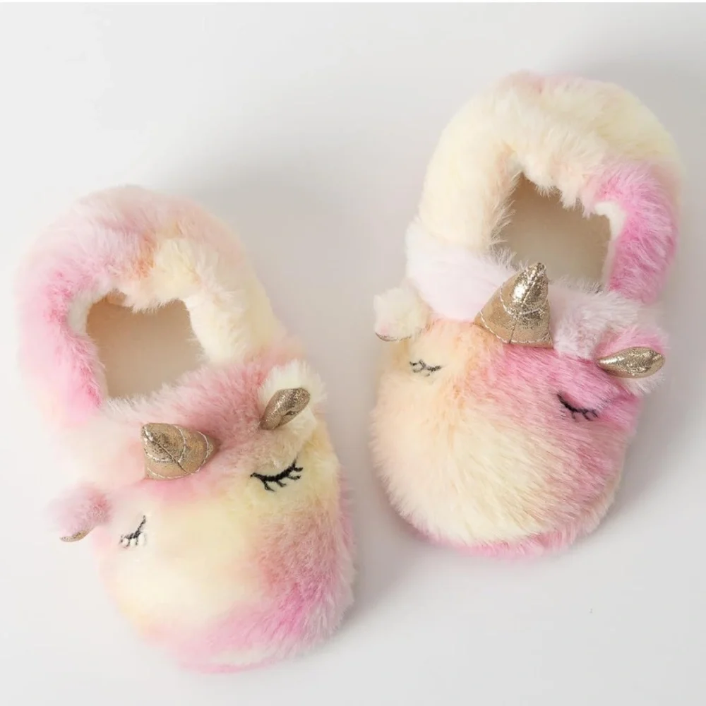 Unicorn Plush Slippers‎ with No- slip Rubber Sole in Pink and Cream, 7-8